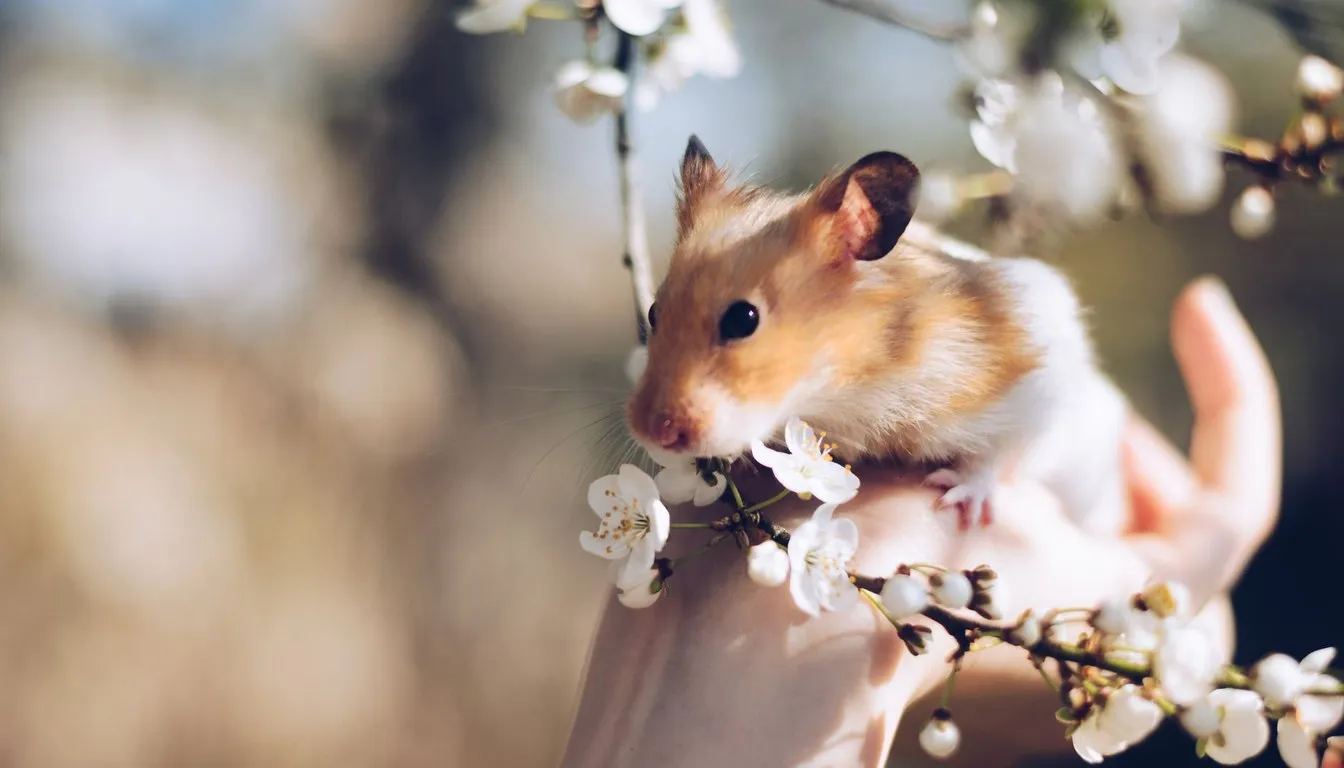 A hamster held gently beside spring blossoms