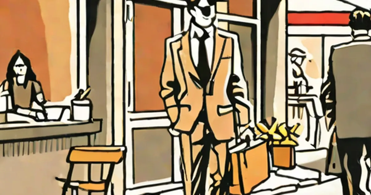 Man in tan suit carries suitcase in office hallway