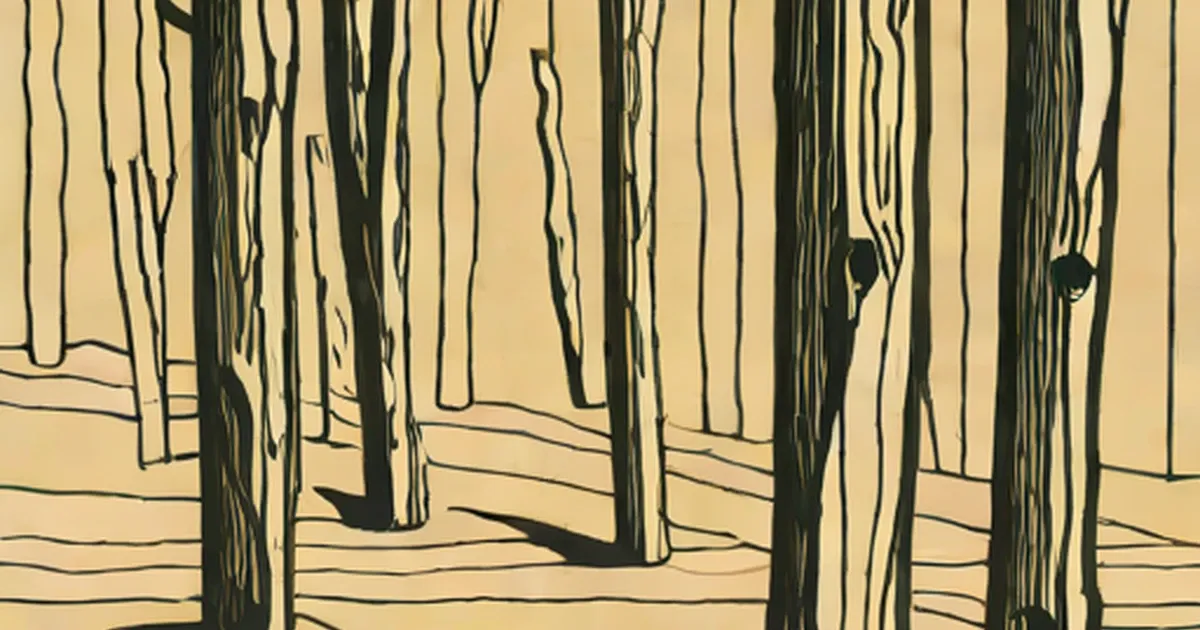 Sparse forest with tree trunks and roots depicted in bold black lines