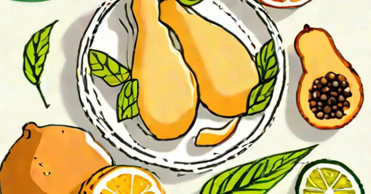 Illustrated tropical fruits including pears, papaya, and citrus with leaves