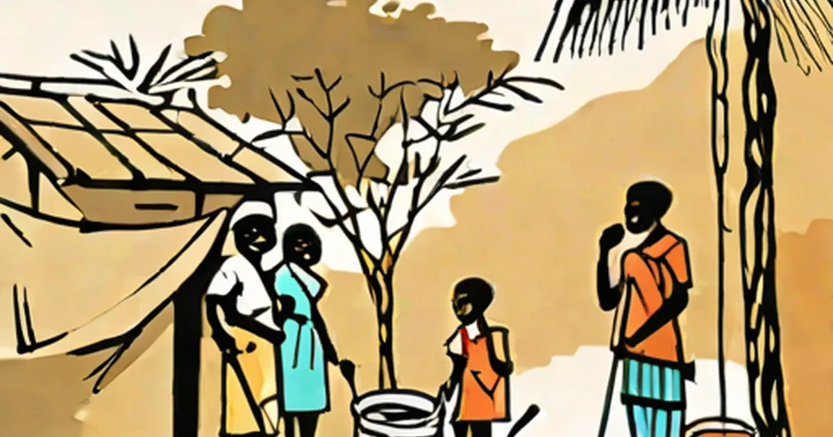 Silhouetted figures in a drought landscape with bare trees and minimal water