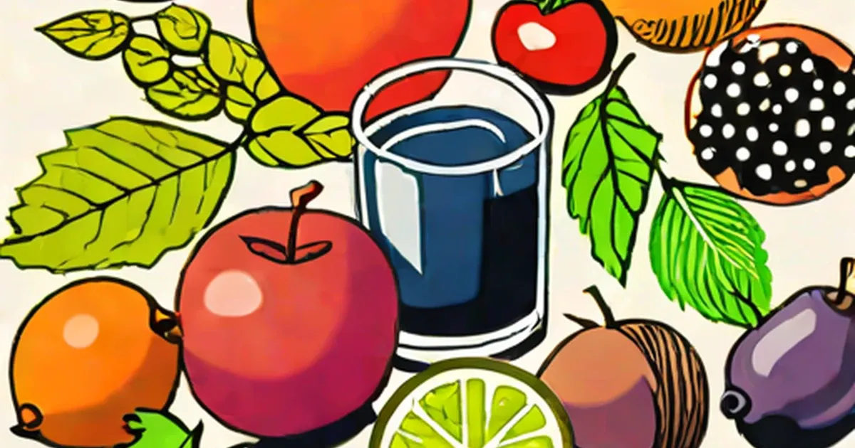 Apples, berries, citrus and leafy greens arranged around a glass of dark juice
