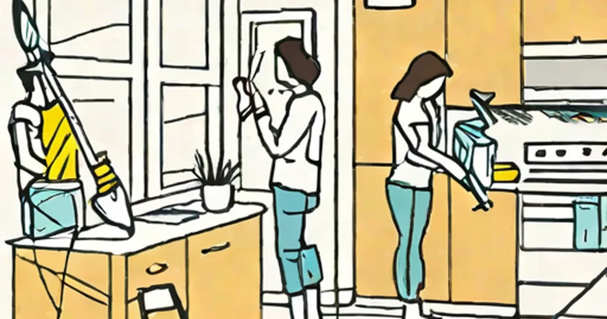 Two people cleaning an apartment with feather dusters next to yellow kitchen cabinets