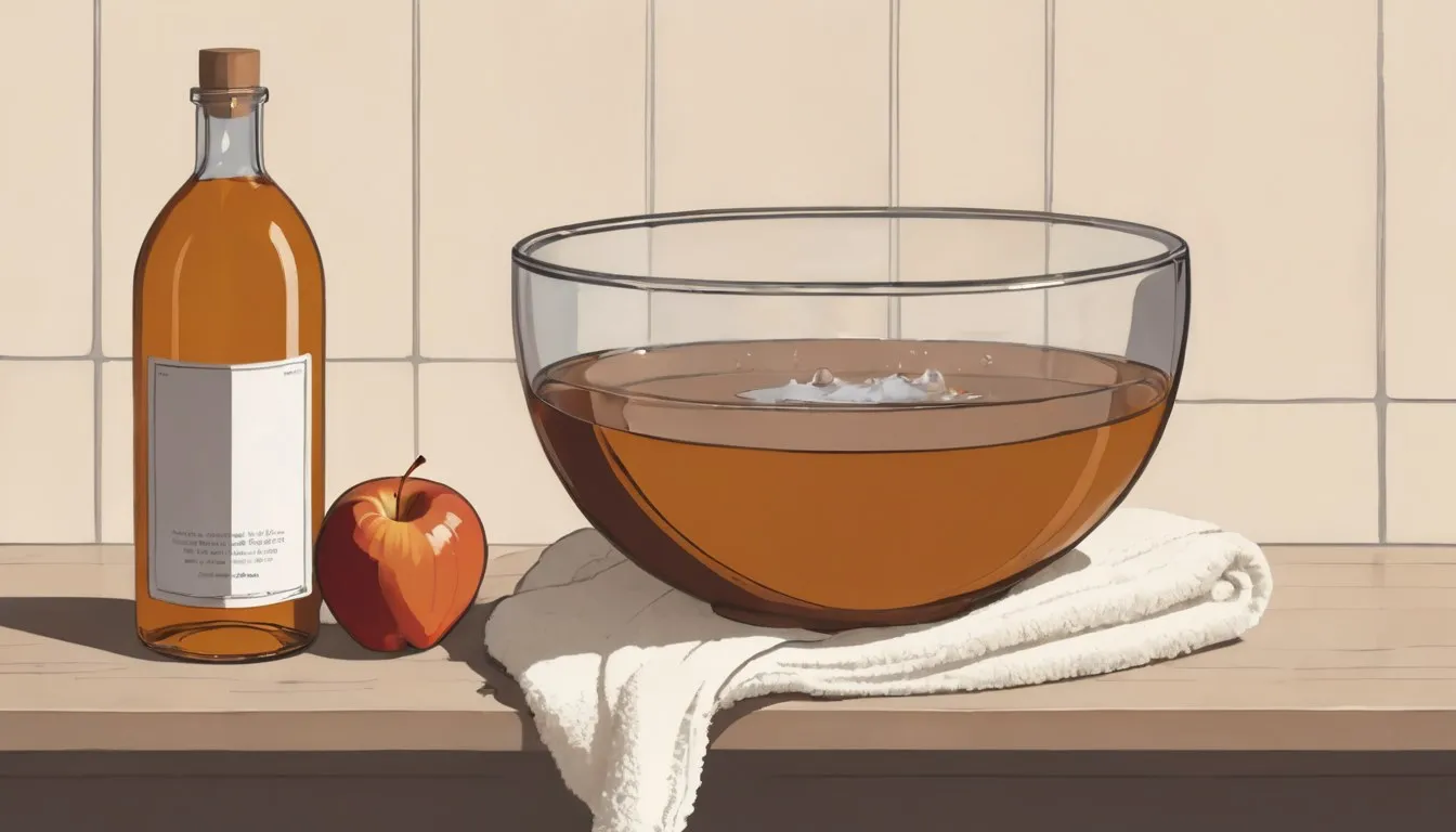A basin of warm water with apple cider vinegar being poured in, next to a towel and pumice stone
