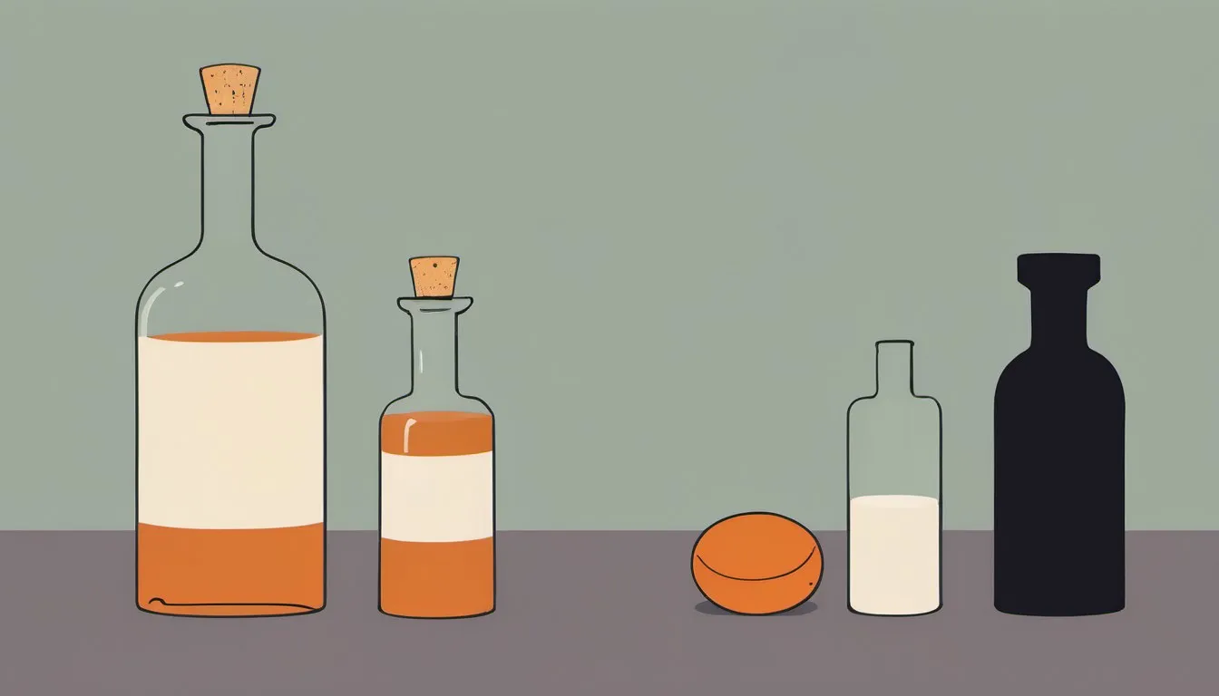 A vinegar bottle and a pill bottle placed apart, symbolizing caution about mixing ACV with blood pressure medication