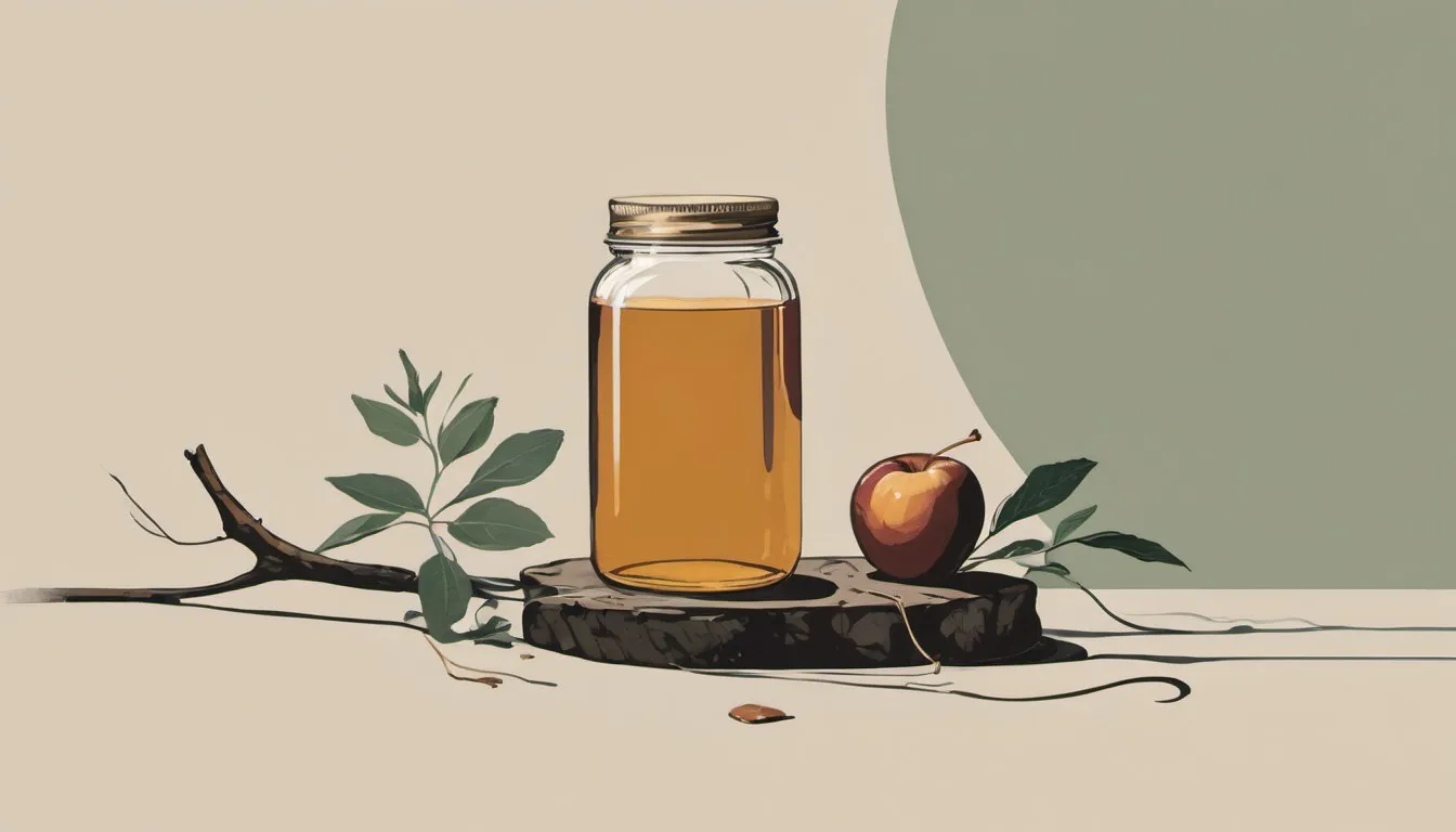 A jar of apple cider vinegar with the mother beside a glass of diluted rinse, with a curved hair strand shape behind