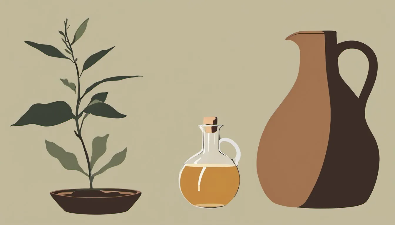 Illustration of an apple cider vinegar jug beside a balance scale weighing a leaf against a coin, symbolizing modest results.
