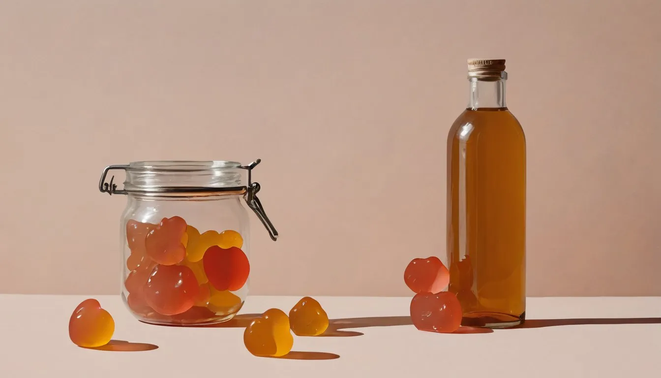 A bottle of apple cider vinegar with visible sediment beside a spoon holding a few translucent gummies