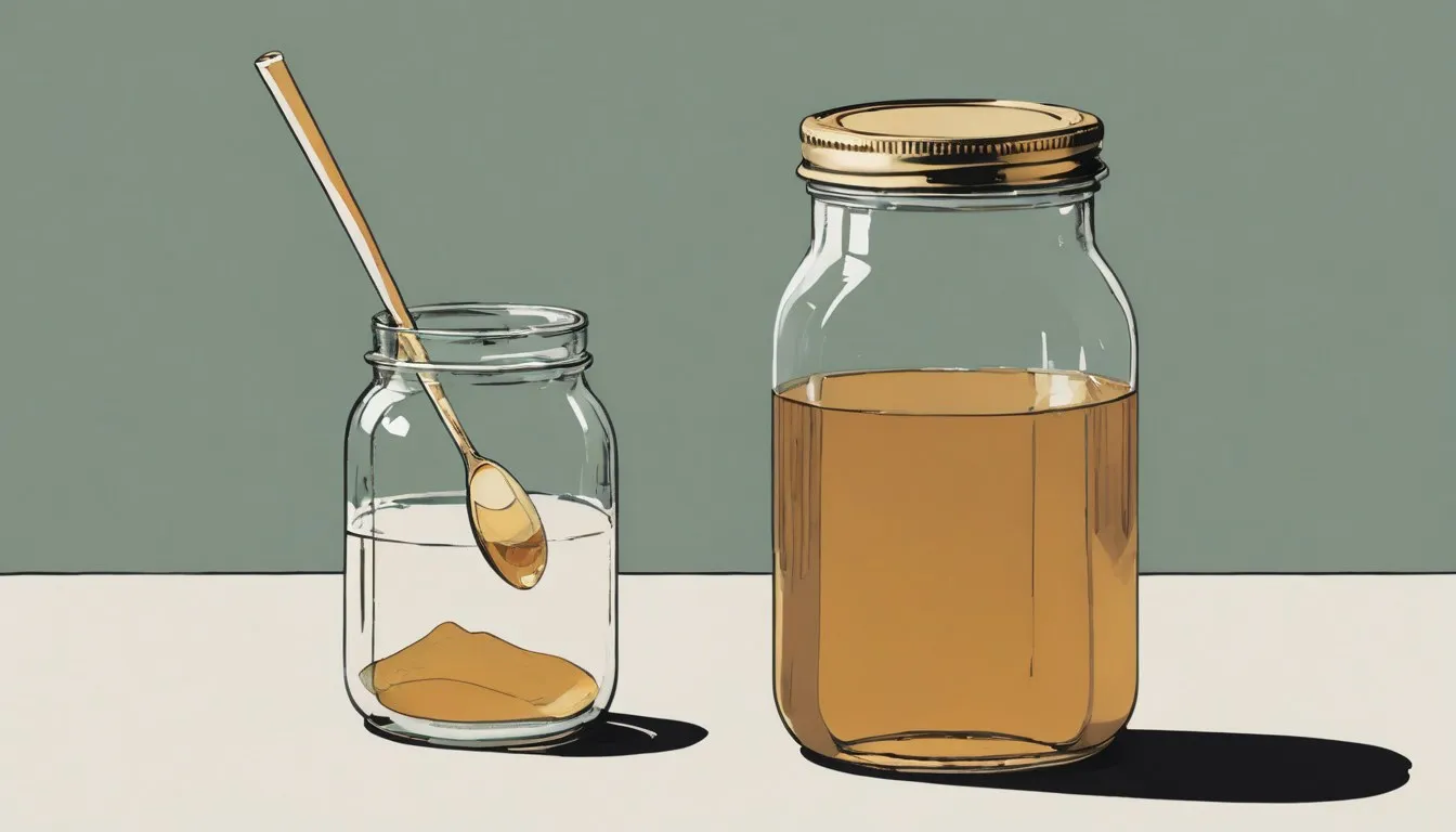 A jar of cloudy apple cider vinegar beside a glass of water with a straw and a measuring spoon