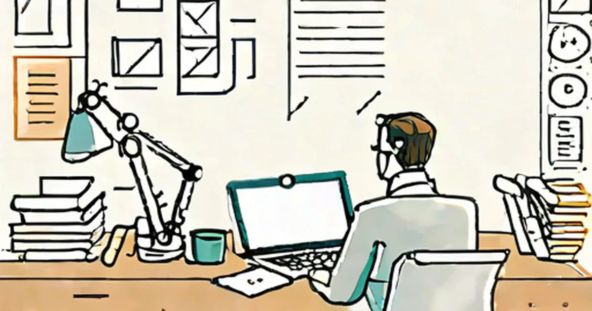 Person at desk using laptop with mechanical arm holding a document, surrounded by software interface sketches