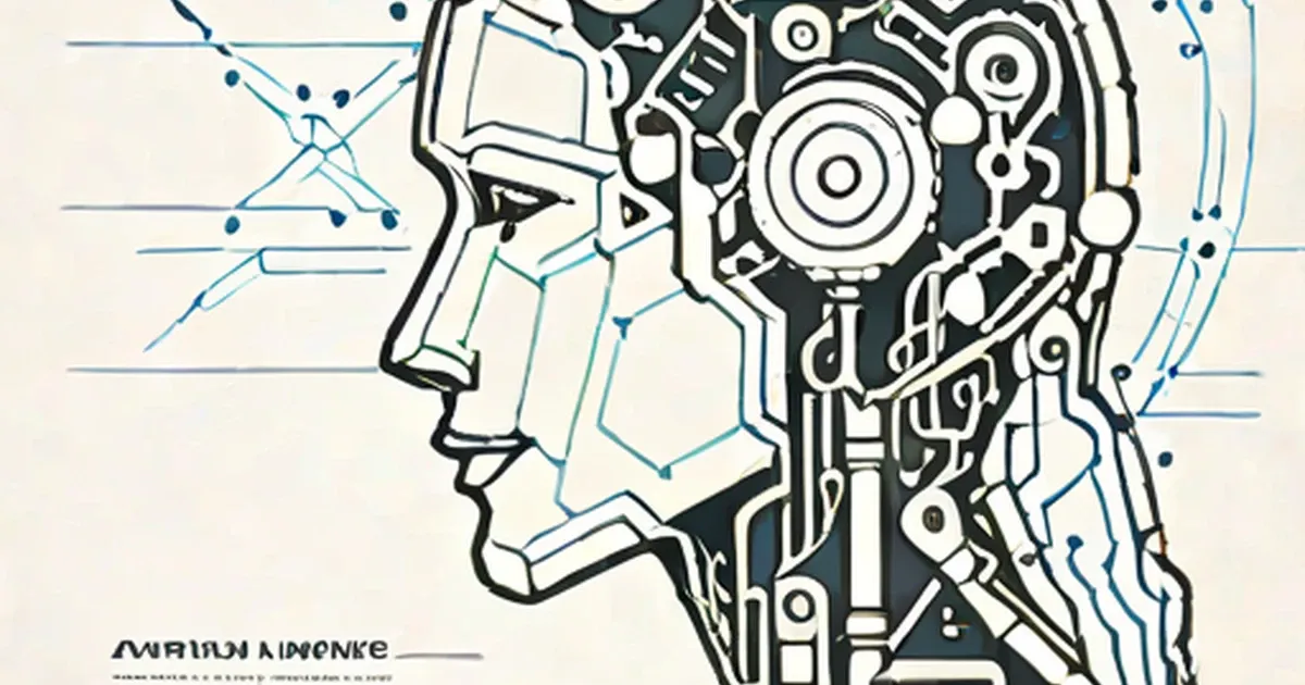 Head in profile with stylized brain networks on the left transitioning to mechanical gears on the right