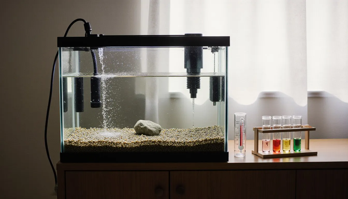 An empty, cycling aquarium with filter and heater running, bubbles rising, and a water-test kit on the cabinet beside it