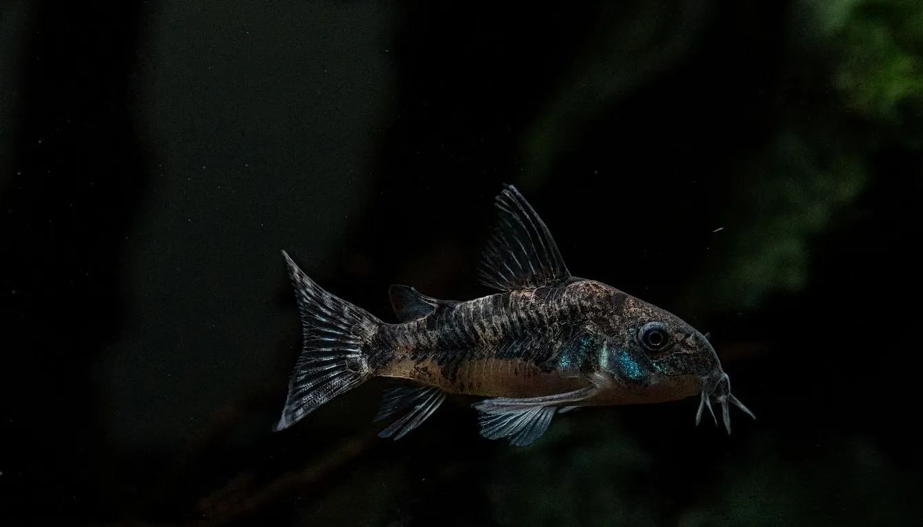 A corydoras catfish resting on a dark substrate