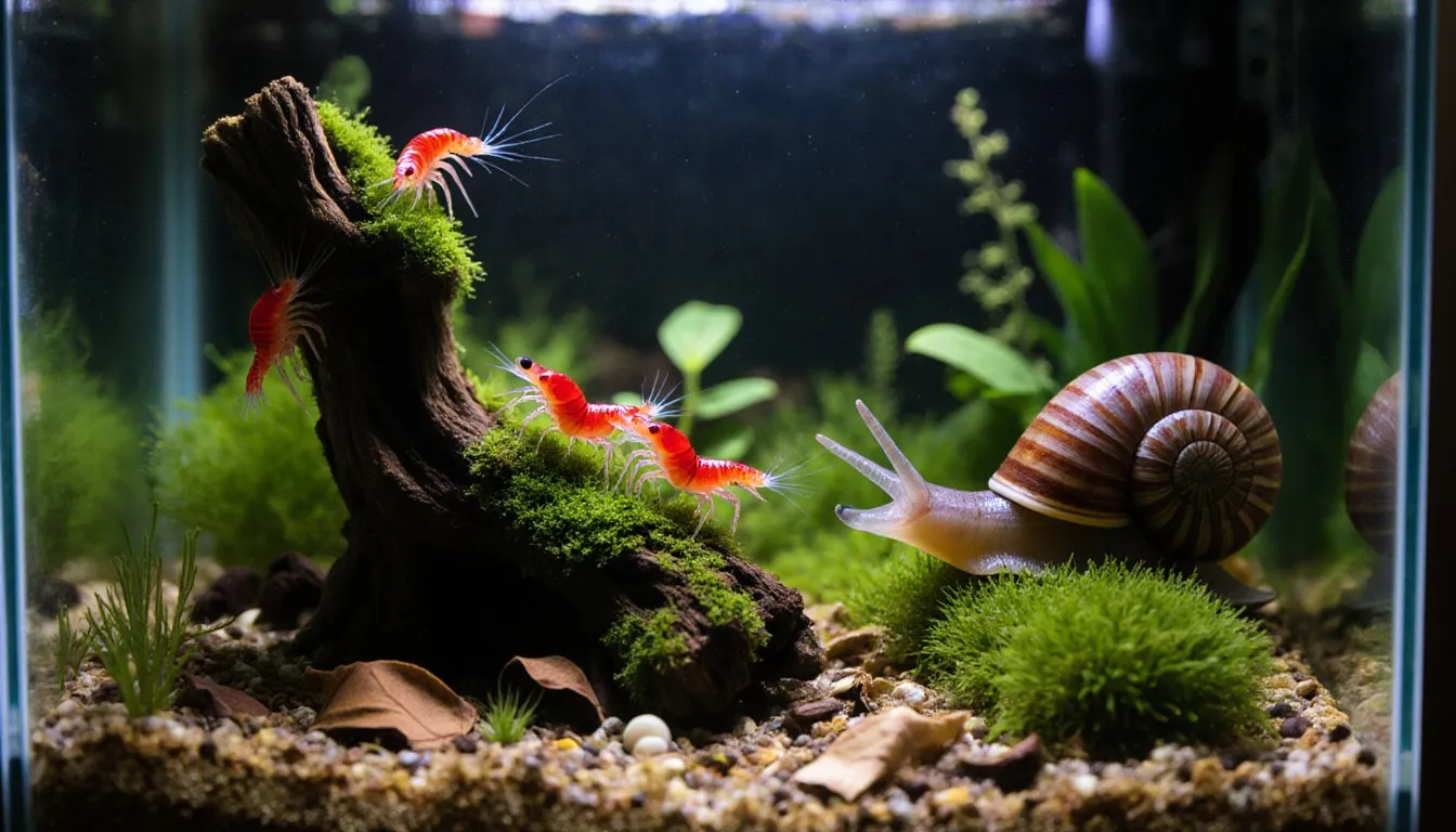Red-and-white banded dwarf shrimp graze on mossy driftwood beside a mystery snail in a small planted aquarium