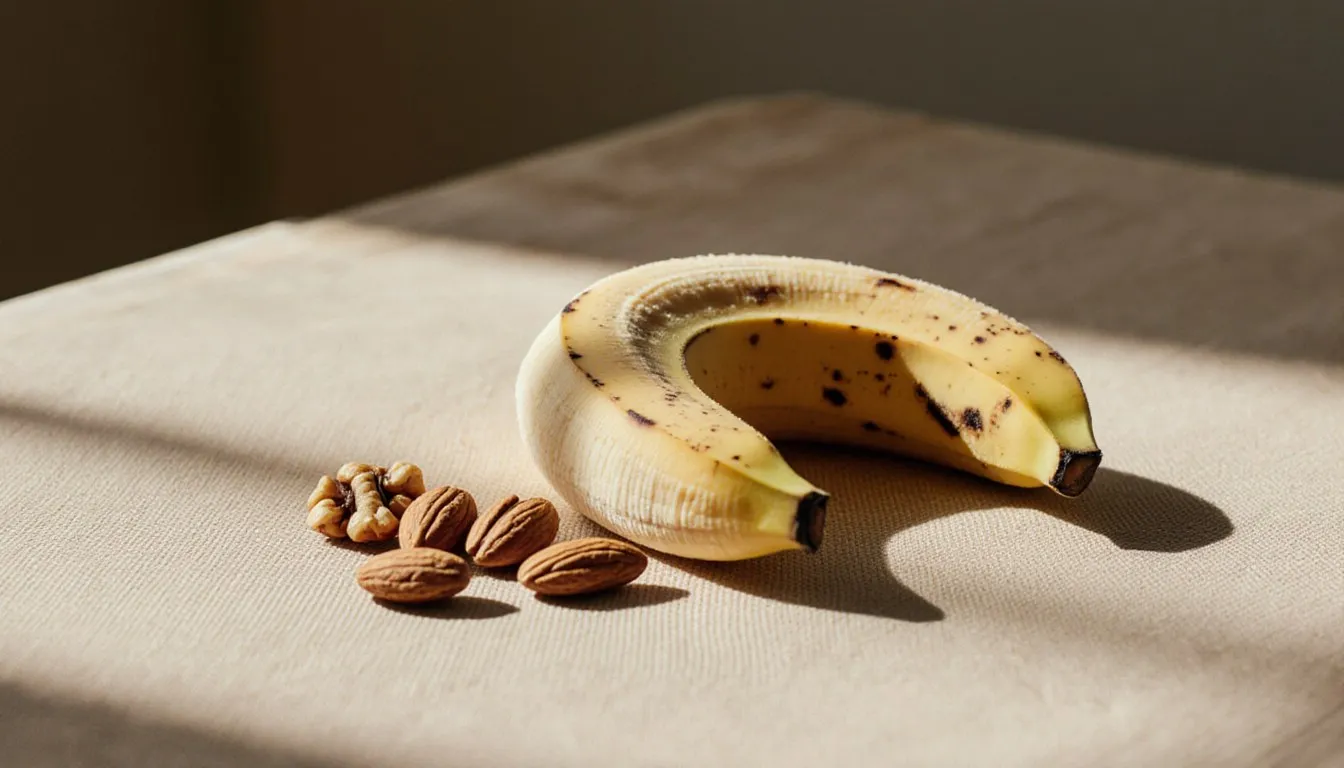A partly peeled banana resting beside a small scatter of almonds and walnuts on a softly lit cloth