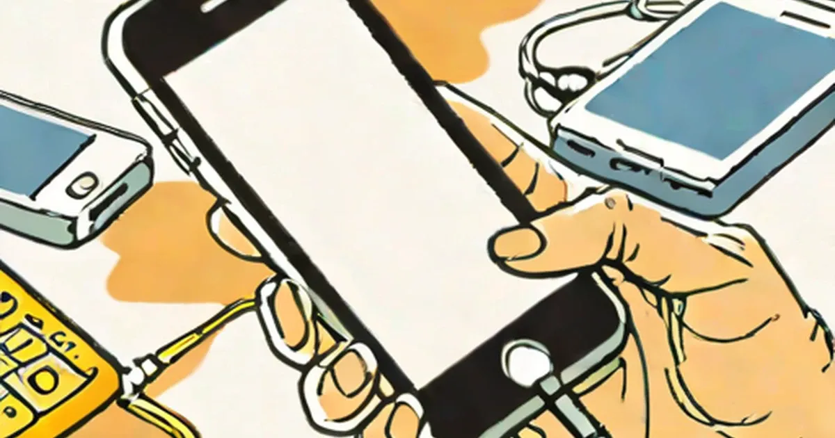 Hand holding a smartphone with multiple other phones nearby