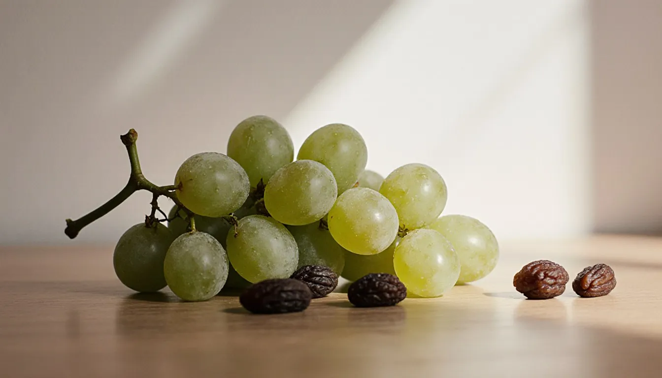 A cluster of fresh green grapes on the stem beside a small scatter of raisins on a wooden surface