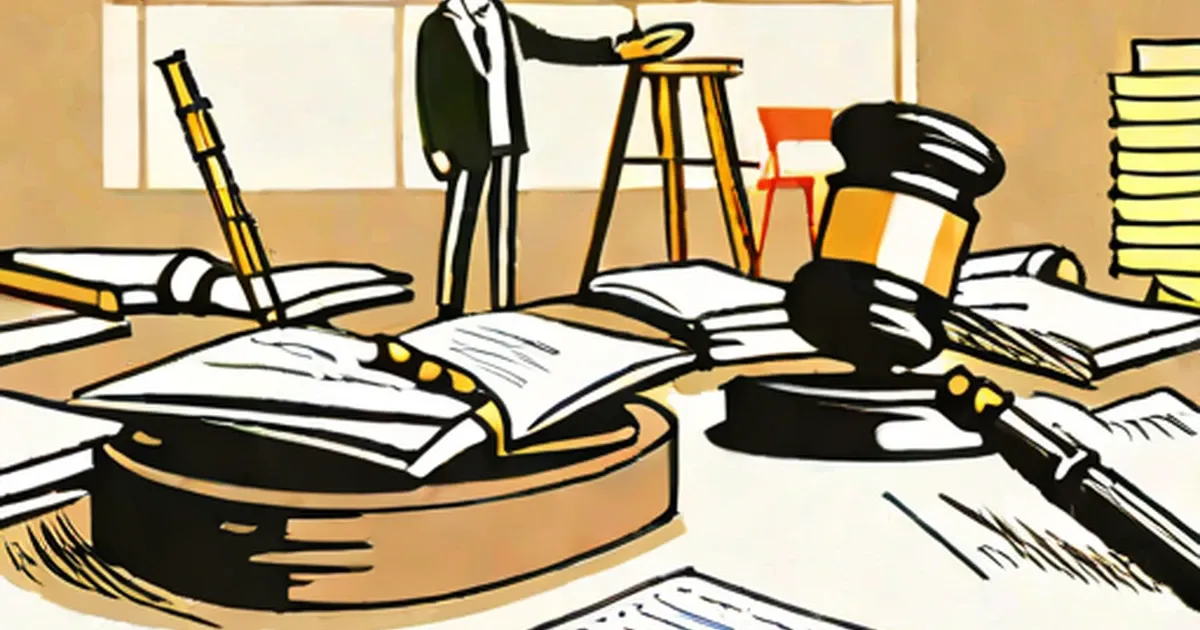 Lawyer standing in office with gavel, legal documents, and stacked law books