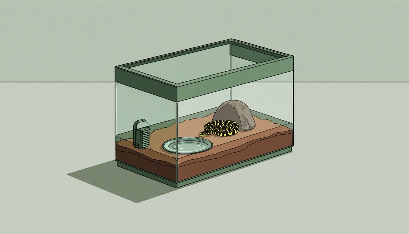 A snake terrarium with a heating rock, water bowl, and under-tank heating equipment