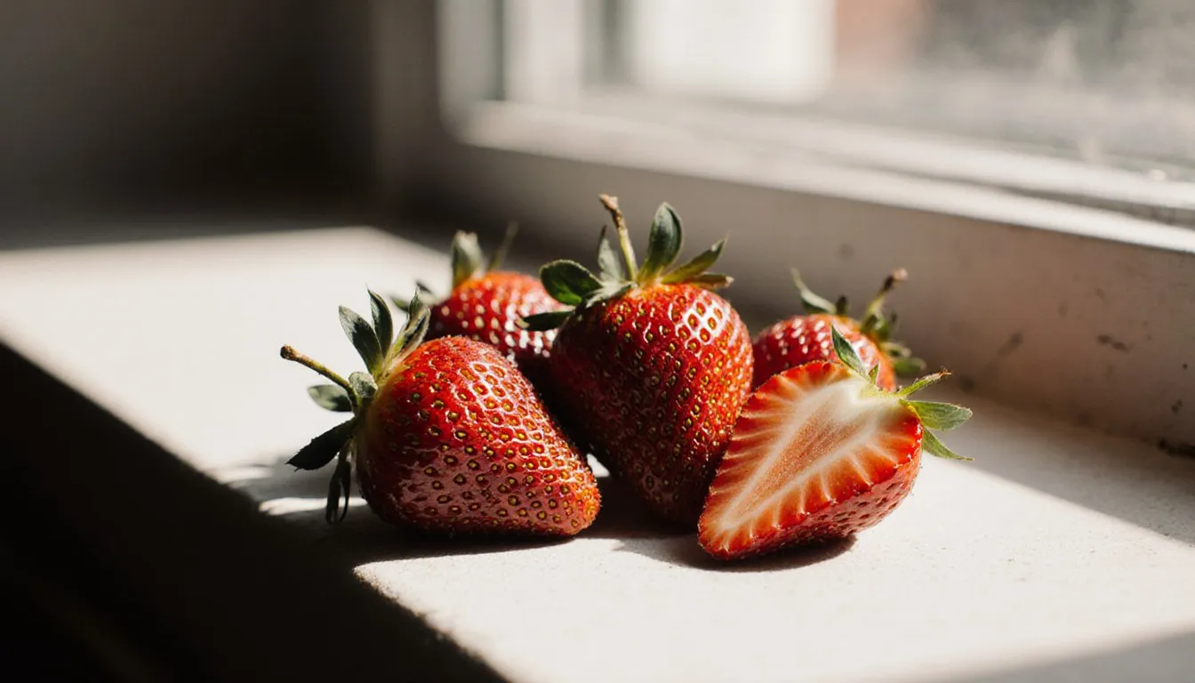 Fresh strawberries on a sunlit windowsill, one halved to show its juicy interior