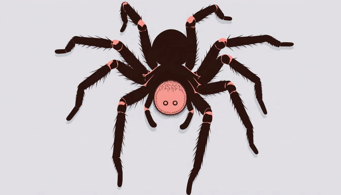 Illustration of a tarantula from above, showing its fangs and the bristly hairs covering its abdomen