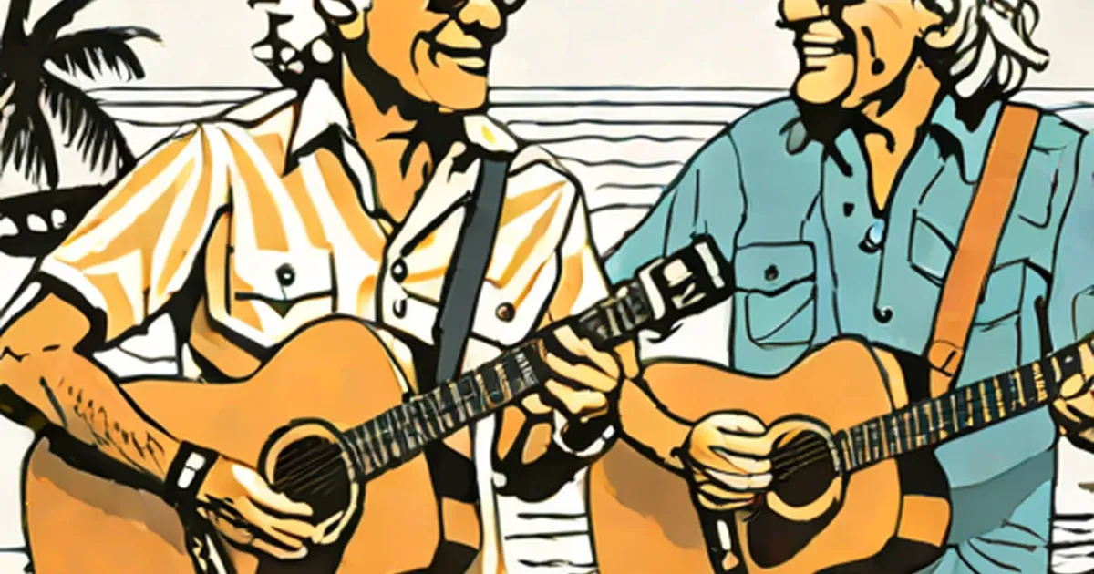 Two illustrated men playing acoustic guitars by palm trees