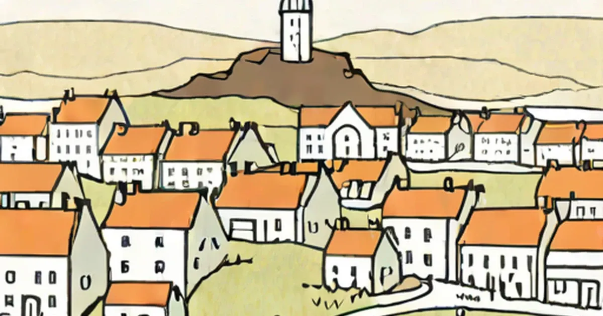 Illustration of an Icelandic settlement with white cottages, orange-red roofs, and a church