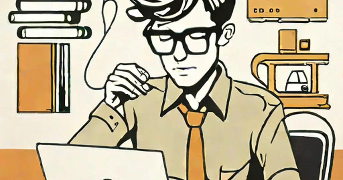 Man in glasses and tie at laptop surrounded by books and technology