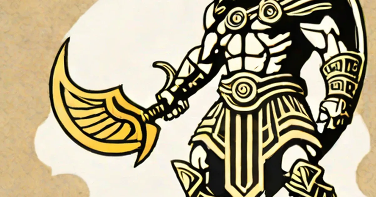Ares wearing ornate gold armor and holding a curved weapon in classical Greek style