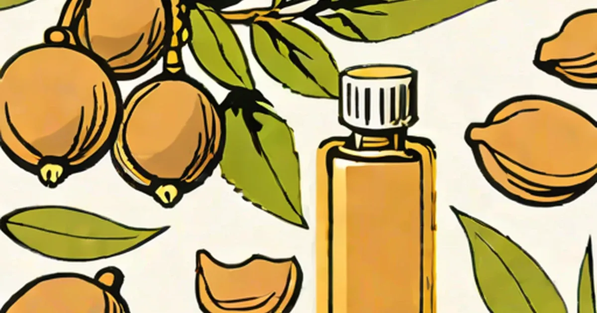 Bottle of amber argan oil surrounded by illustrated argan nuts and leaves