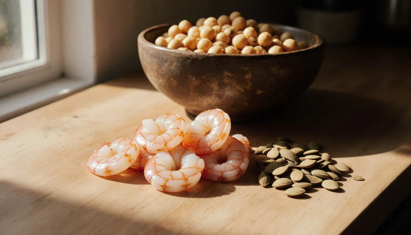 Raw shrimp, pumpkin seeds, and a bowl of chickpeas arranged on a wooden kitchen counter