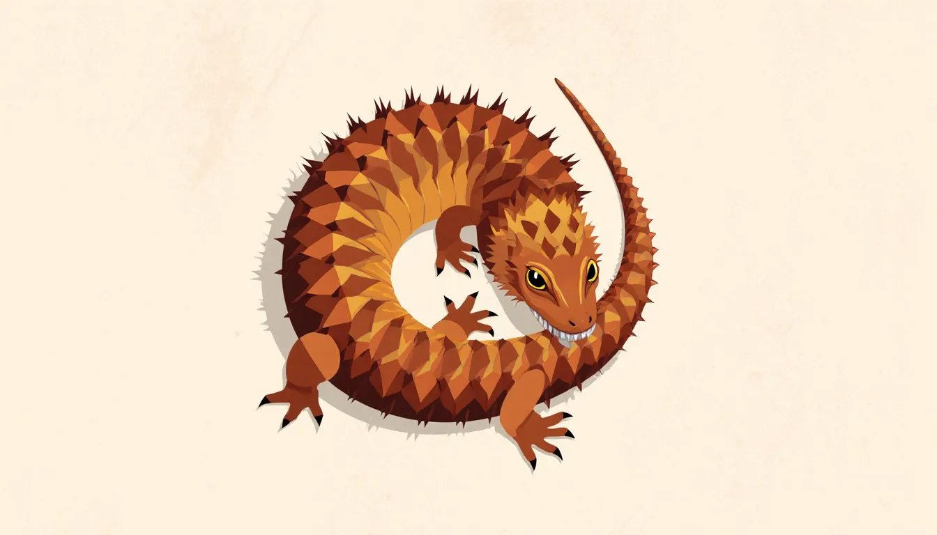 An armadillo girdled lizard curled into a ring, gripping its own spiky tail in its mouth
