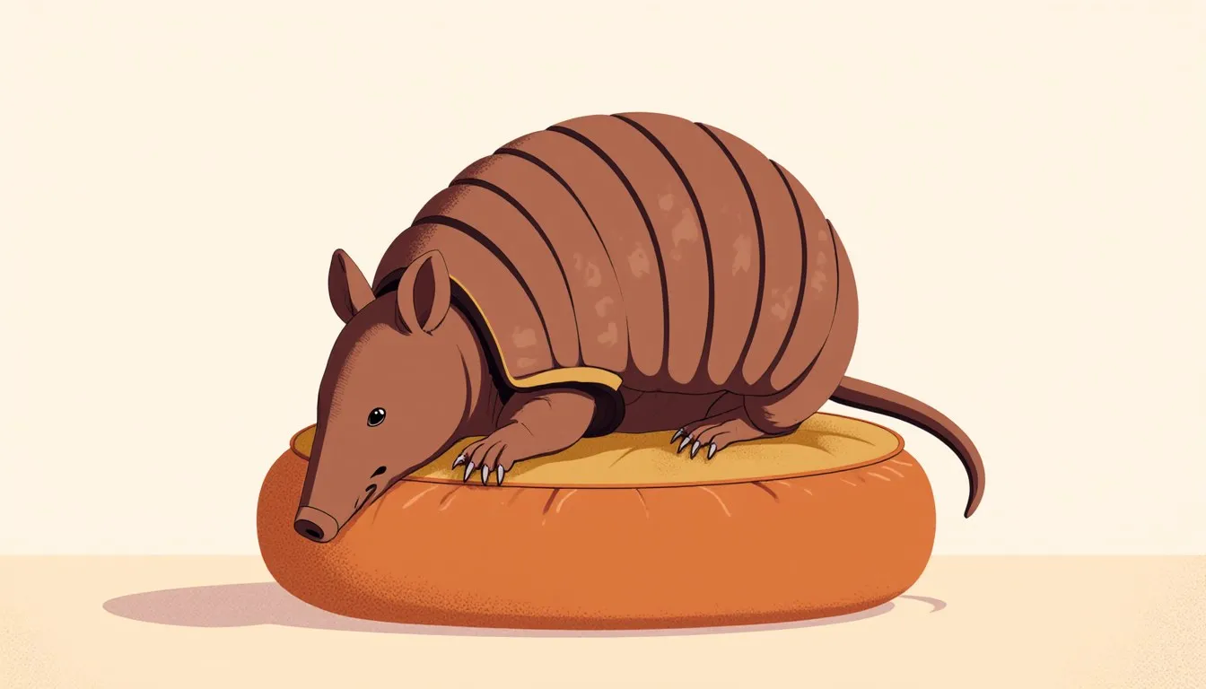 An armadillo with a rounded armored shell resting beside a small pet cushion