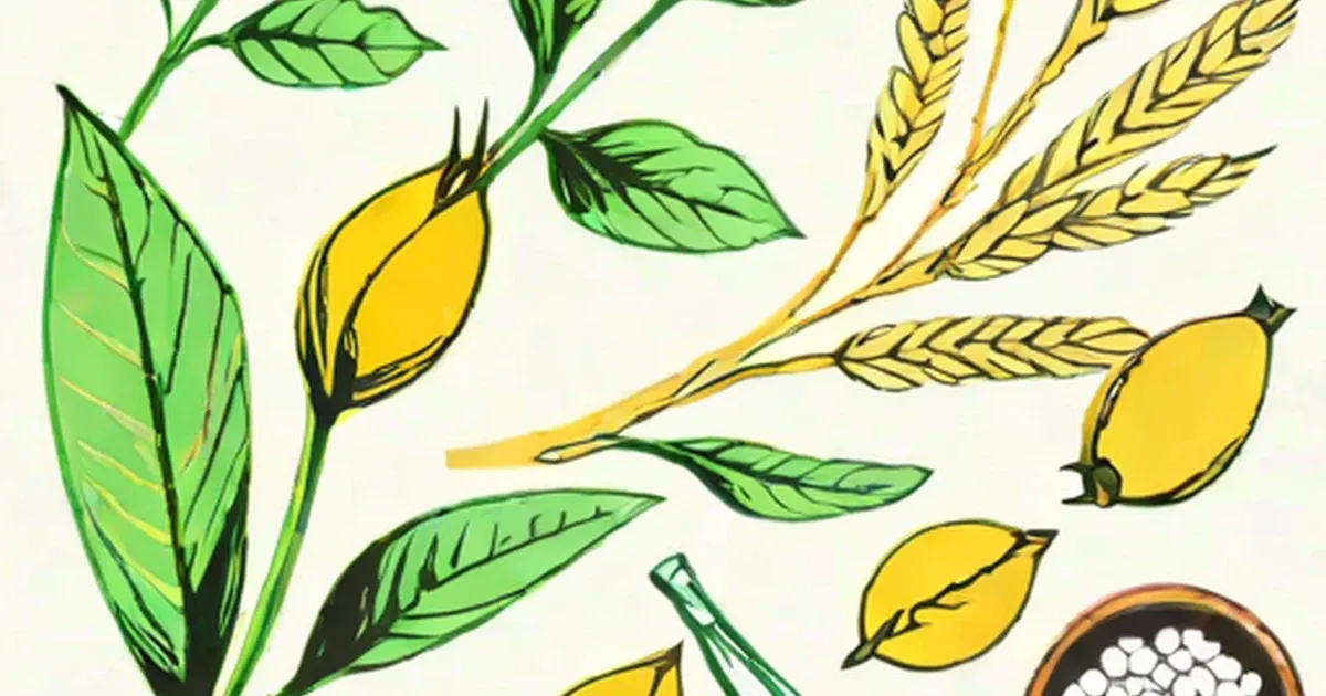 Green arrowroot plant and wheat grain heads with white cornstarch powder below