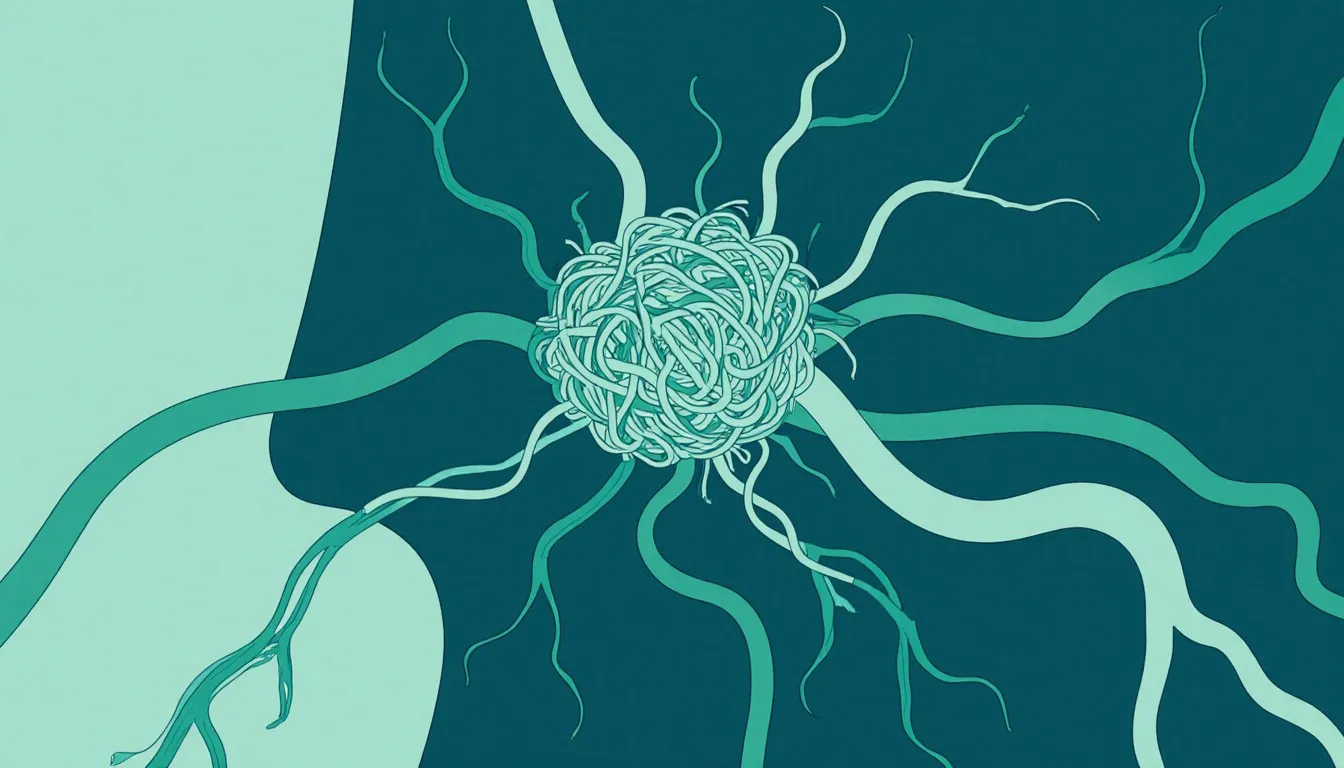 Illustration of a tangled knot of blood vessels fed and drained by smooth branching arteries and veins, representing a brain arteriovenous malformation