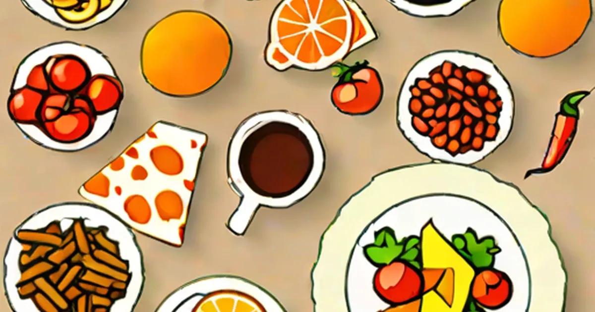 Illustrated foods in bowls including tomatoes, oranges, pizza, coffee, and fries