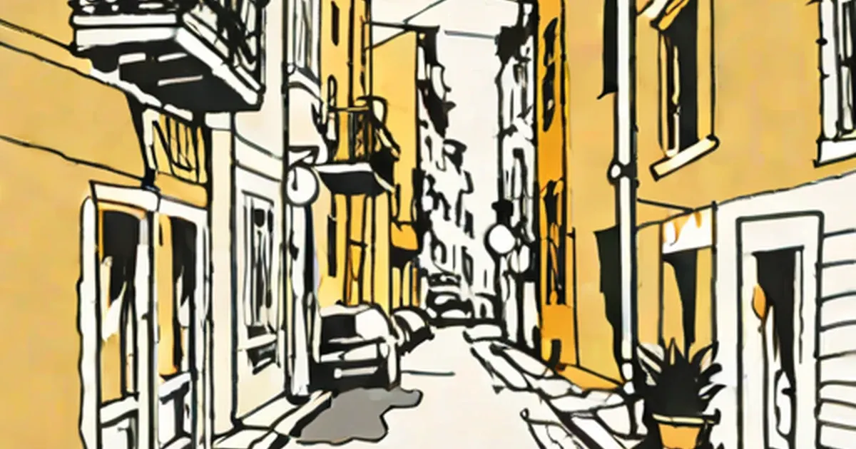 European alleyway with yellow facades, parked car, and potted plants