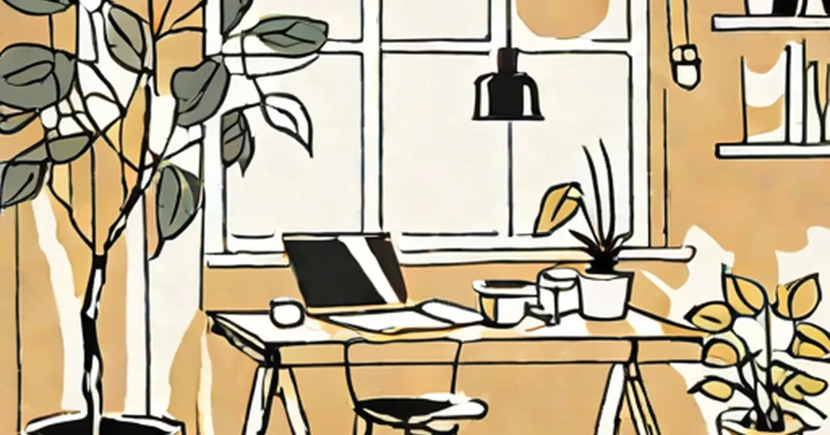 Bright home workspace with plants, laptop, and window light