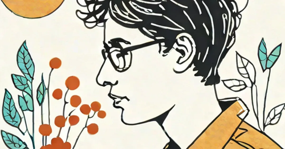Line illustration of a person in profile wearing glasses with plants