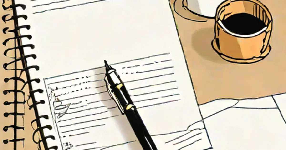 Spiral-bound notebook with handwritten text, fountain pen, and coffee