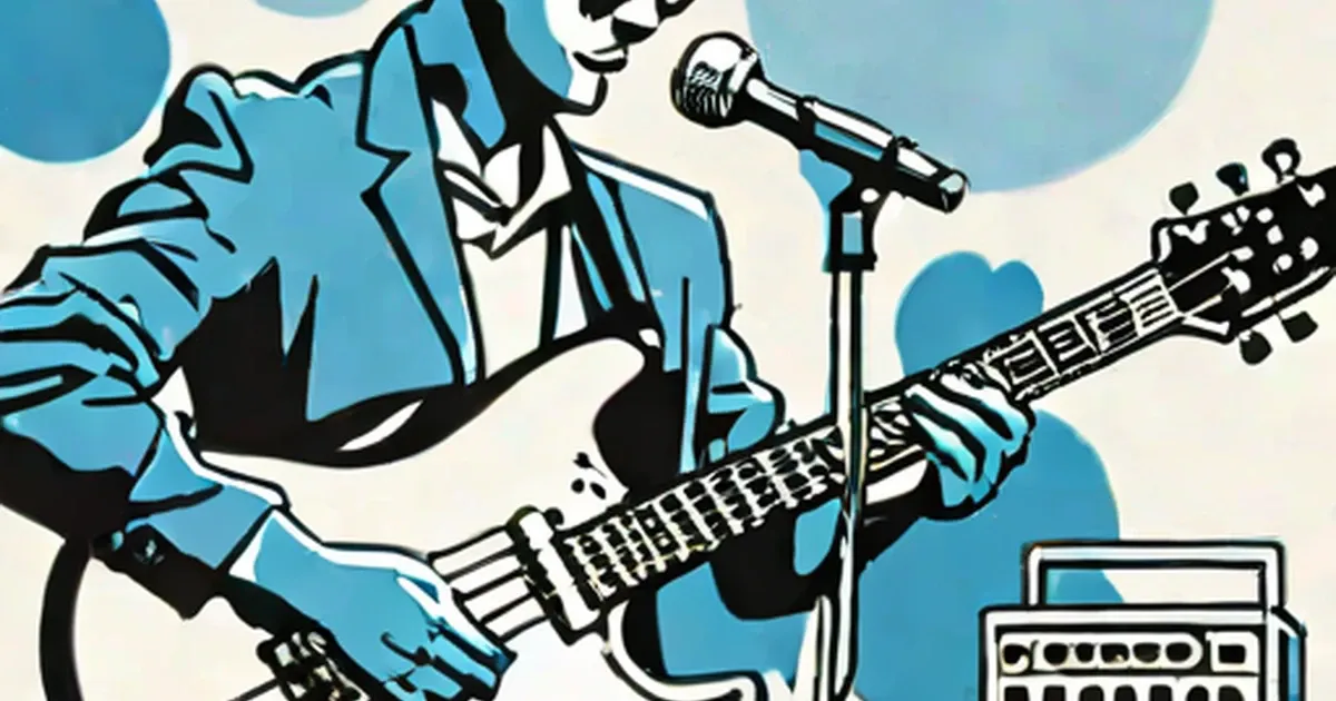 Guitarist in blue suit singing into microphone with electric guitar and amp