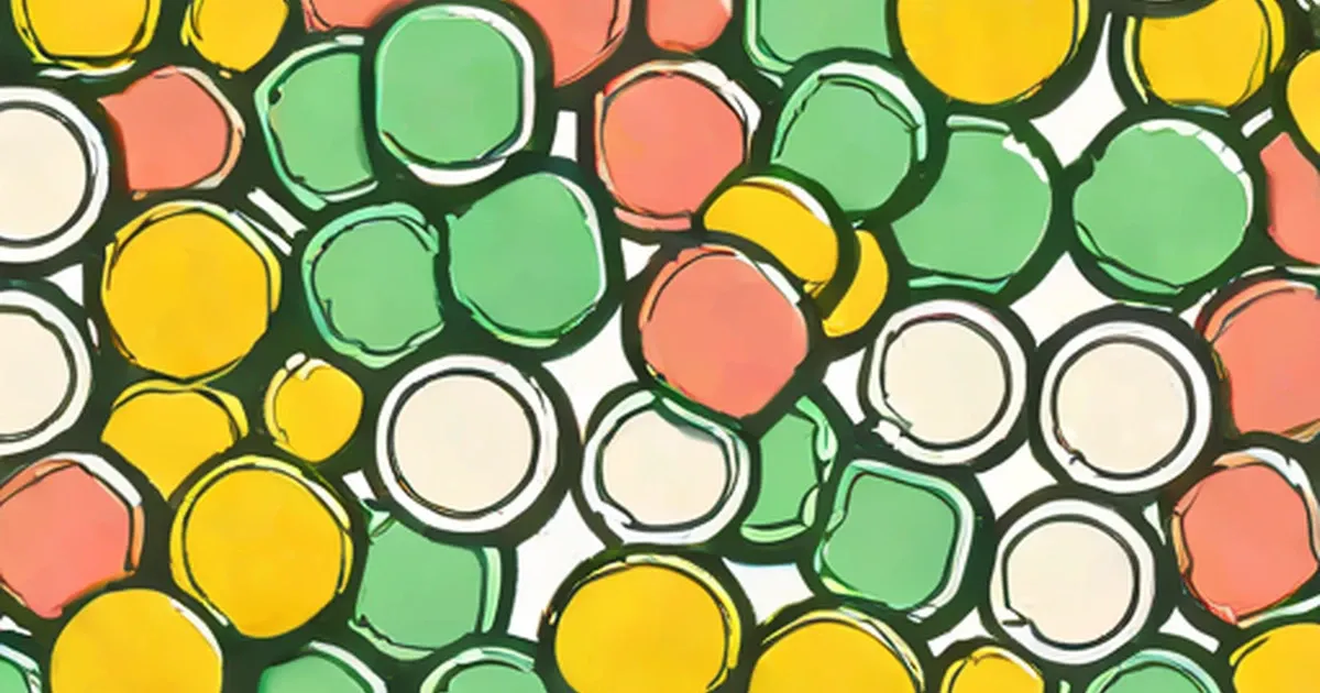 Assorted bubble gum pieces in yellow, green, white, and coral packed together