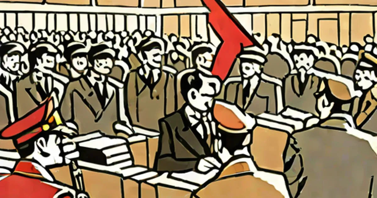 Illustrated crowd with red flag at formal gathering