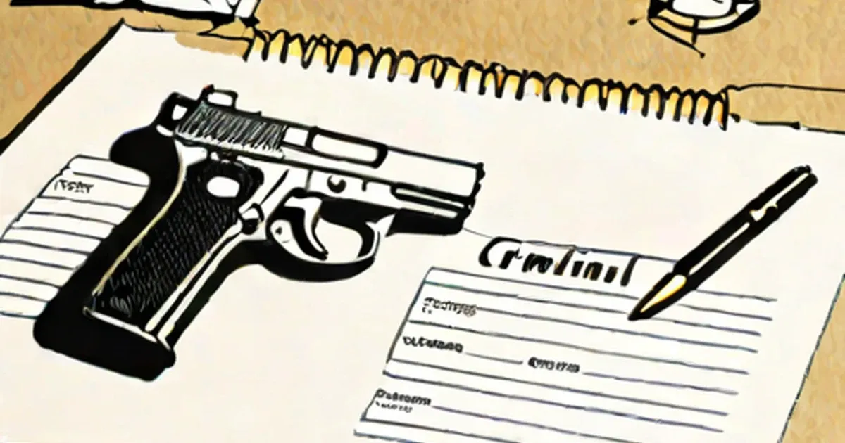 Handgun next to criminal background check forms and pen
