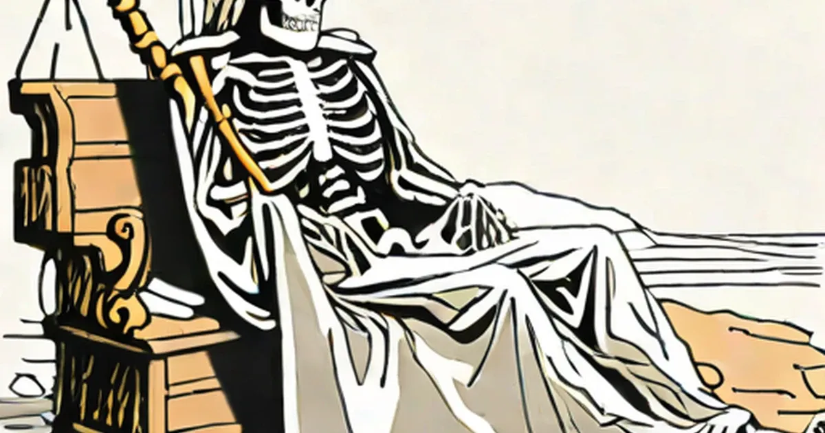 Skeleton seated on ornate chair holding a scythe, draped in white fabric
