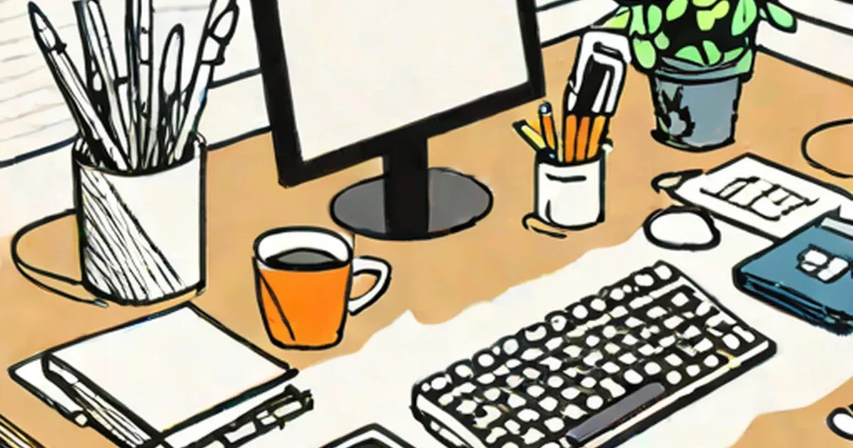Desktop computer workstation showing monitor, keyboard, and office accessories