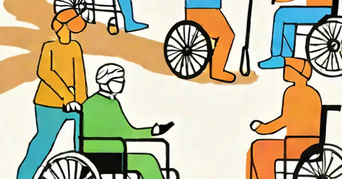 Illustration of people with various disabilities using wheelchairs, crutches, and other mobility aids