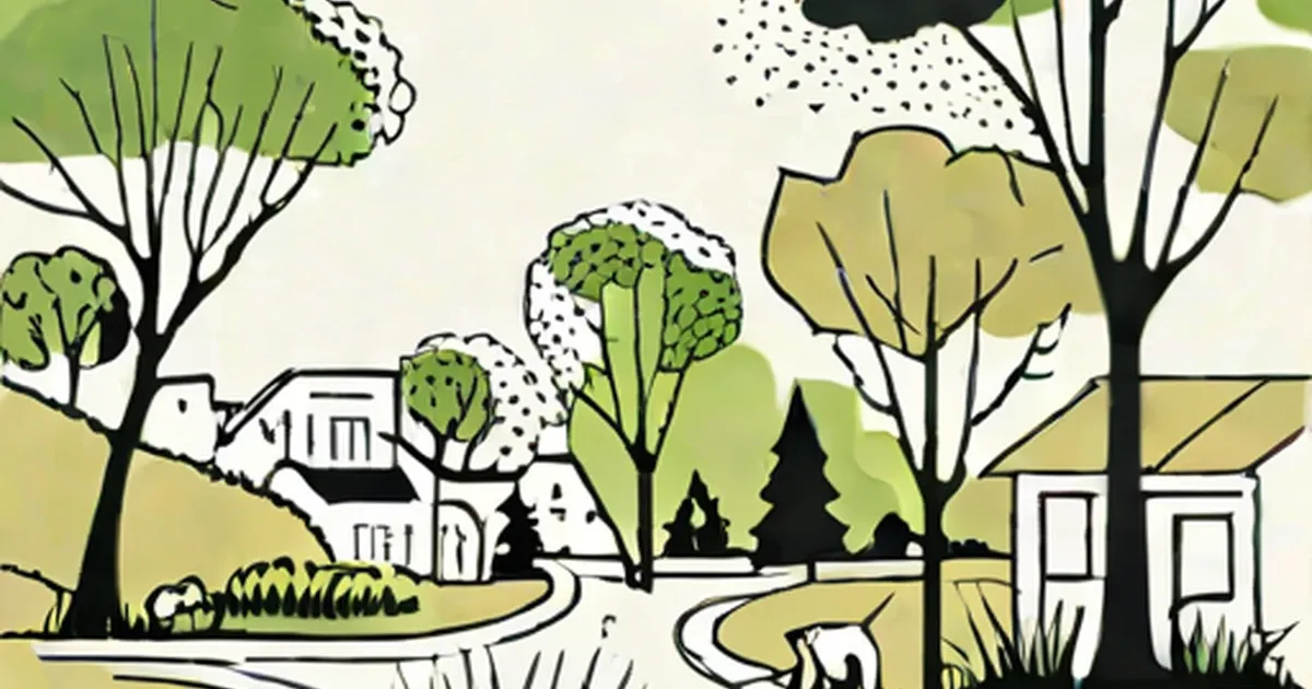 Illustrated neighborhood with houses, trees, and winding path