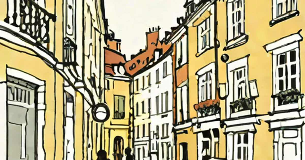 Yellow painted buildings with ornate balconies line a narrow European street