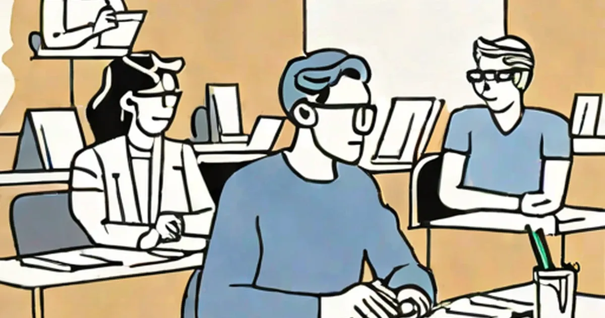 Illustrated office scene with multiple workers at desks using computers